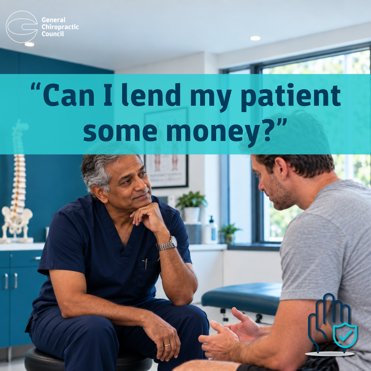 A chiropractor and a patient chat in a clinic reception area. The banner across the top reads: 'Surely there's nothing wrong with us being friends?'
