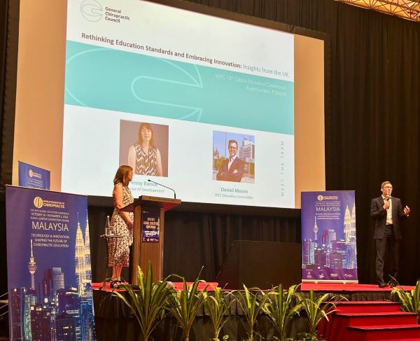 Penny Bance and Daniel Moore from the GCC presenting their Keynote at the World Federation of Chiropractic's Education Conference.