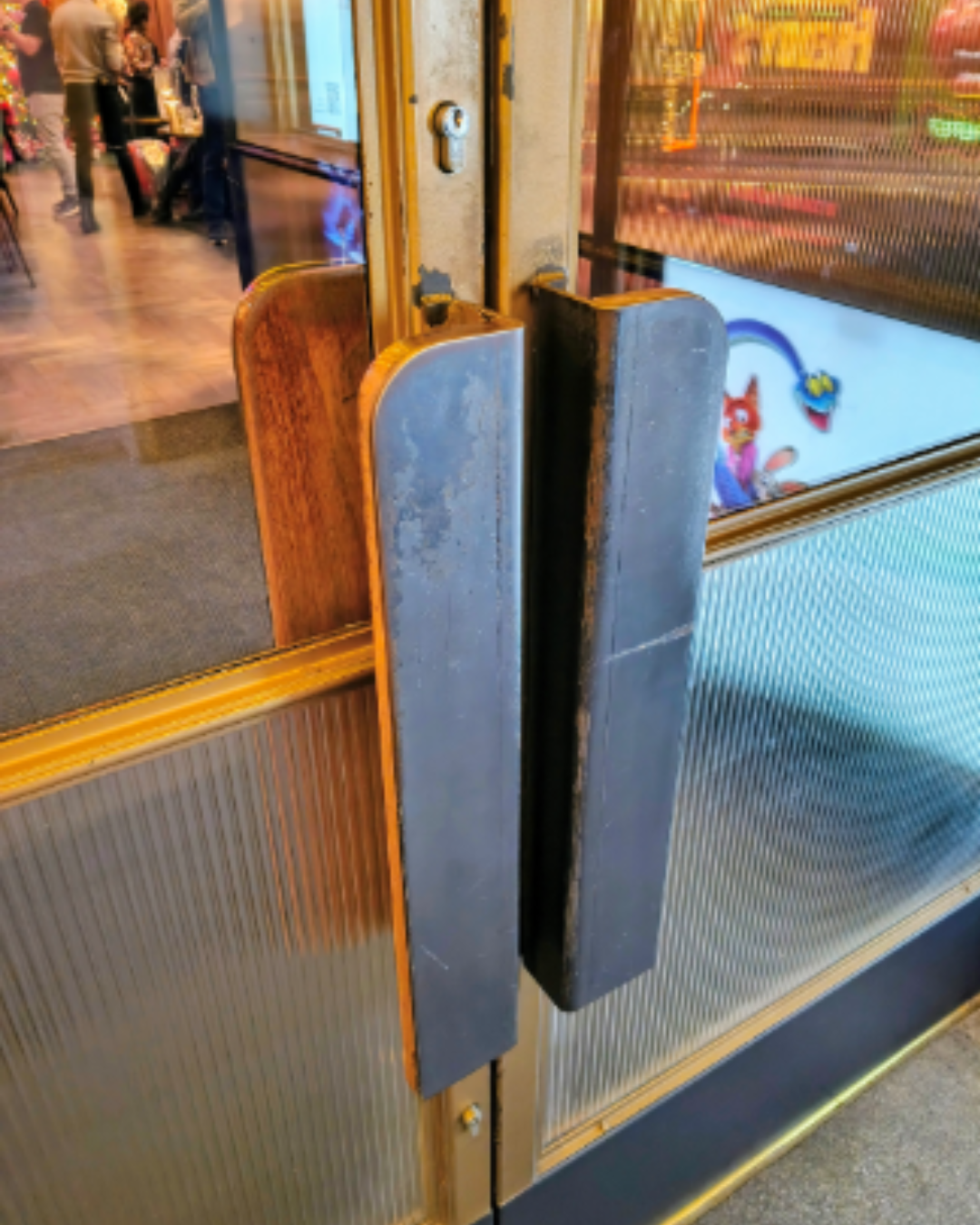 Cinema entrance door with metal handle